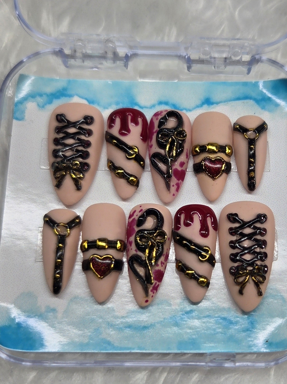 Matte Nude Pink Gothic Lace-Up Press-On Nails with Wine Drip & Gold Details